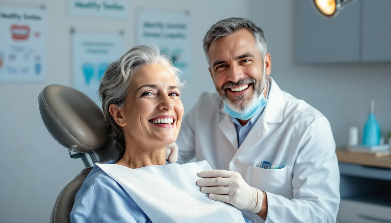 A dentist performing an oral examination on a patient with dental implants.