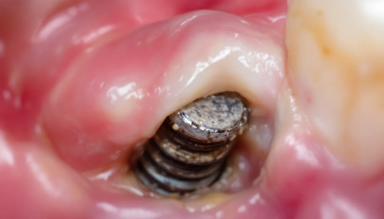 Signs of dental implant failure illustrated through a close-up of an implant.