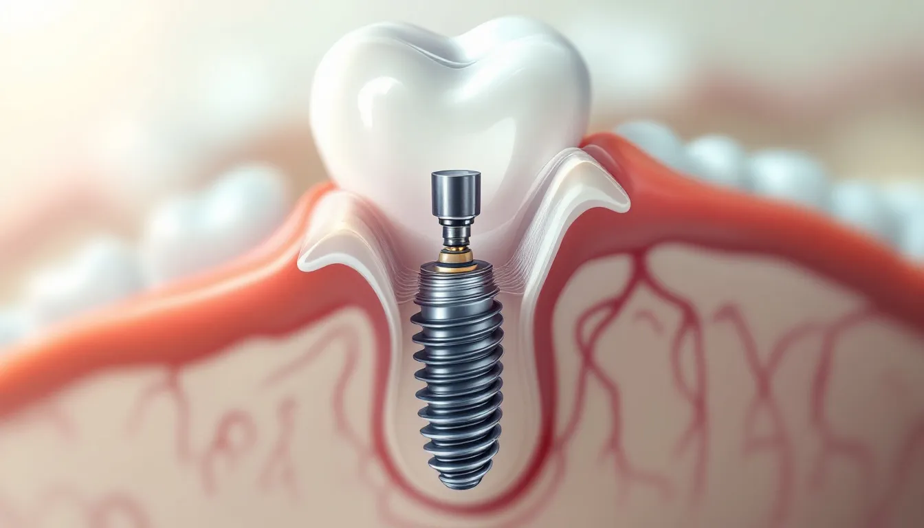 An illustration showing a dental implant and its placement in the jawbone.