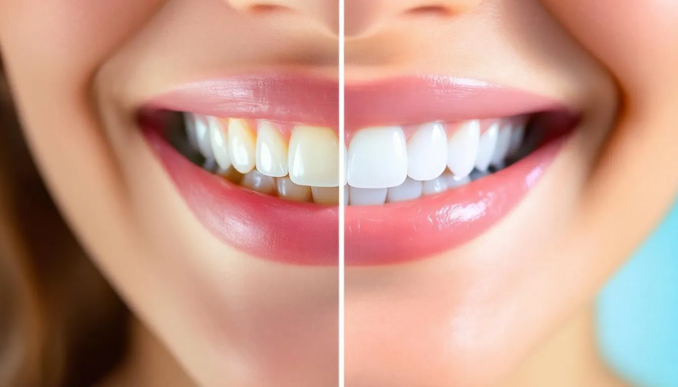 A side-by-side comparison of professional whitening results showing before and after images.