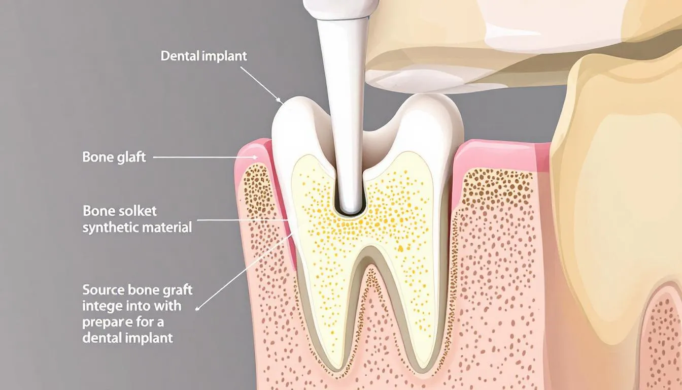 The image depicts a dental professional performing a bone grafting procedure, essential for patients seeking dental implants after tooth loss. The process involves adding grafting material to the jawbone to restore strength and support for implants, while also maintaining the natural shape of the face and jaw.