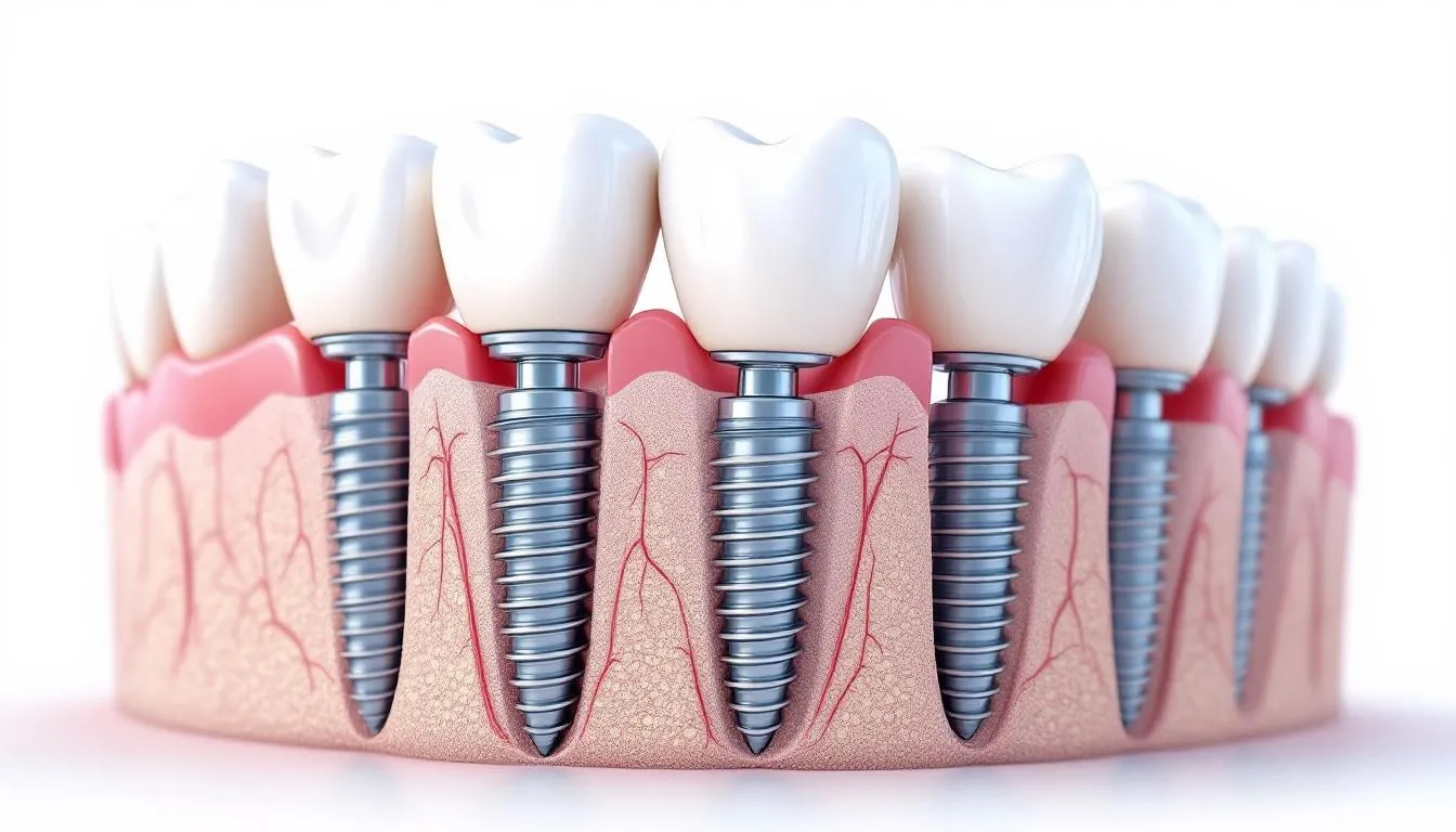 The image depicts a dental professional explaining the benefits of dental implants, emphasizing their role as artificial tooth roots for replacing missing teeth with options like crowns and bridges. The scene highlights the advantages of dental implants over traditional dentures, showcasing a confident smile that reflects the functionality and appearance of natural teeth.