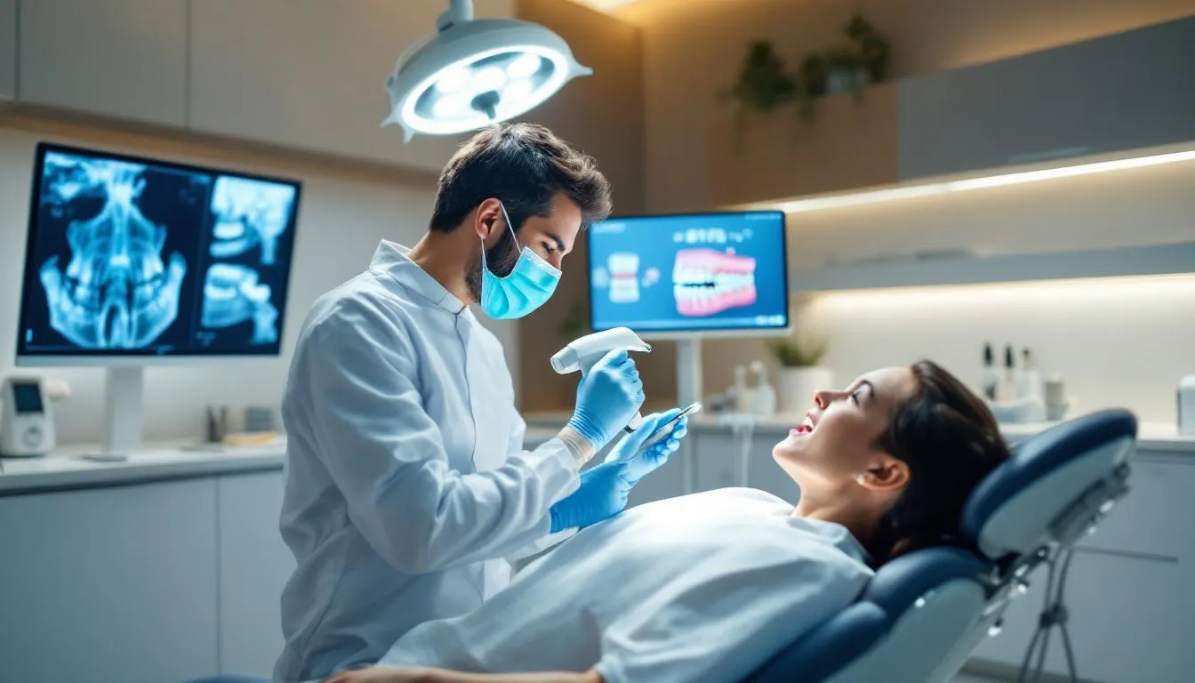 A dentist in a white coat and mask examining a female patient who is smiling in a dental chair.
