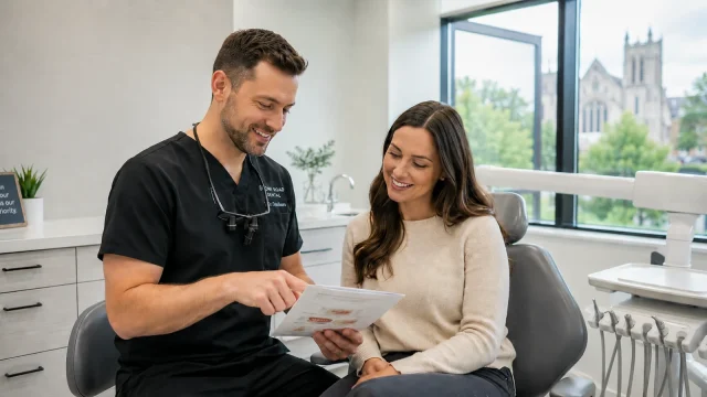 Dentist showing patient information brochure in a modern dental office.